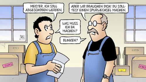 Cartoon: Spurwechsel (medium) by Harm Bengen tagged meister,asyl,abschiebung,arbeitsmarkt,handwerk,ausbildung,spurwechsel,blinken,harm,bengen,cartoon,karikatur,meister,asyl,abschiebung,arbeitsmarkt,handwerk,ausbildung,spurwechsel,blinken,harm,bengen,cartoon,karikatur