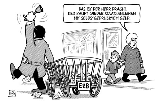 Cartoon: Staatsanleihen-Ankauf (medium) by Harm Bengen tagged staatsanleihen,ankauf,draghi,geld,drucken,ezb,notenbank,quantitative,easing,harm,bengen,cartoon,karikatur