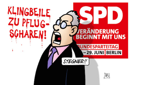 Cartoon: Stegner-Statement (medium) by Harm Bengen tagged stegner,graffiti,sprayen,klingbeil,pflugscharen,spd,parteitag,aufrüstung,frieden,harm,bengen,cartoon,karikatur,stegner,graffiti,sprayen,klingbeil,pflugscharen,spd,parteitag,aufrüstung,frieden,harm,bengen,cartoon,karikatur