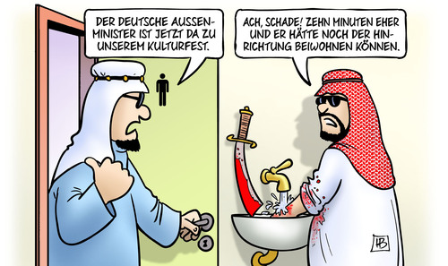 Cartoon: Steinmeier in Riad (medium) by Harm Bengen tagged steinmeier,riad,deutschland,aussenminister,saudi,arabien,kulturfest,hinrichtung,todesstrafe,menschenrechte,harm,bengen,cartoon,karikatur,steinmeier,riad,deutschland,aussenminister,saudi,arabien,kulturfest,hinrichtung,todesstrafe,menschenrechte,harm,bengen,cartoon,karikatur