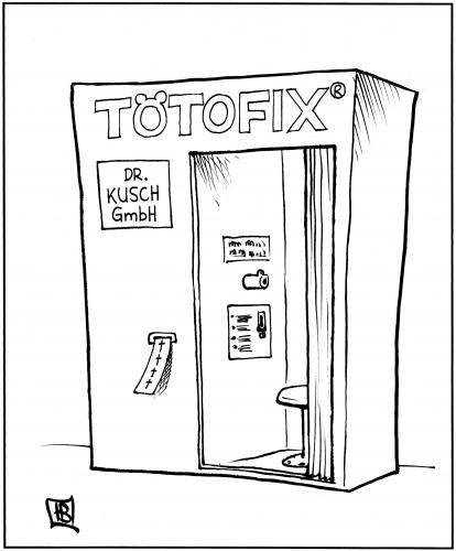 Cartoon: sterbehilfe (medium) by Harm Bengen tagged sterbehilfe,kusch,sterbehilfe,kusch,sterbezelle,fotofix,schnellfotoautomat,geschäftsidee,automat,moral,ethik,religion,kirche,selbstmord,krankheit,suizid,debatte,kontroverse,tod,sterben,schmerz,glaube,töten,selbsttötung,beihilfe,mord,tötung,totschlag,fahrlässige tötung,hilfe,hilfeleistung,unterlassene hilfeleistung,gift,giftcocktail,dignitas,exit,sterbebegleitung,sterbeprozess,palliativmedizin,schmerzen,schmerzbehandlung,krebs,schmerzmittel,morphium,narkose,euthanasie,verbrechen,human,menschenwürde,zynismus,zyniker,frühableben,auf,verlangen,fahrlässige,unterlassene