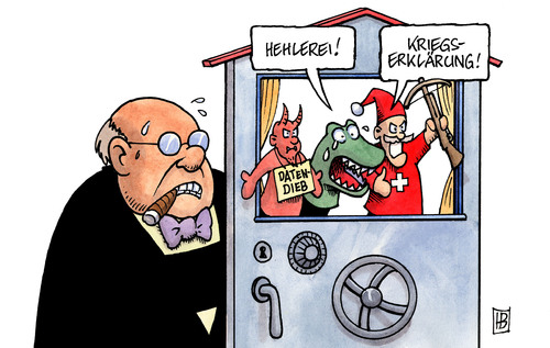 Cartoon: Steuerdatenkauf (medium) by Harm Bengen tagged teufel,dieb,krokodil,tränen,kasper,armbrust,hehlerei,kriegserklärung,unternehmer,kapitalist,zigarre,geld,merkel,schäuble,finanzminister,cd,datenankauf,betrug,steuerfahndung,steuerhinterziehung,festnahme,steuer,schweiz,teufel,dieb,krokodil,tränen,kasper,armbrust,hehlerei,kriegserklärung,unternehmer,kapitalist,zigarre,geld,merkel,schäuble,finanzminister,datenankauf,cd,steuerfahndung,betrug,steuerhinterziehung,festnahme,steuer,schweiz