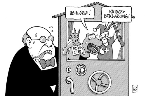 Cartoon: Steuerdatenkauf (medium) by Harm Bengen tagged teufel,dieb,krokodil,tränen,kasper,armbrust,hehlerei,kriegserklärung,unternehmer,kapitalist,zigarre,geld,merkel,schäuble,finanzminister,datenankauf,cd,steuerfahndung,betrug,steuerhinterziehung,festnahme,steuer,schweiz