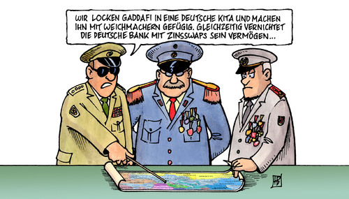 Cartoon: Strategie (medium) by Harm Bengen tagged strategie,taktik,armee,militär,nato,eu,libyen,gaddafi,aufstand,revolution,diktator,mandat,luftangriffe,krieg,mittelmeer,kita,deutschland,weichmacher,bank,zins,zinsswap,swaps,vermögen,geld,besitz,strategie,taktik,armee,militär,nato,eu,libyen,gaddafi,aufstand,revolution,mandat,luftangriffe,mittelmeer,krieg