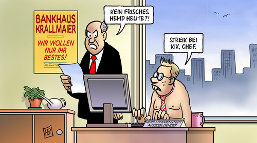 Cartoon: Streik bei Kik (medium) by Harm Bengen tagged hemd,bank,auszubildender,lehrling,kleidung,streik,kik,textil,discounter,gewerkschaft,tarifvertrag,chef,lohndumping,harm,bengen,cartoon,karikatur,hemd,bank,auszubildender,lehrling,kleidung,streik,kik,textil,discounter,gewerkschaft,tarifvertrag,chef,lohndumping,harm,bengen,cartoon,karikatur