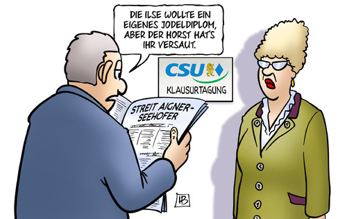 Cartoon: Streit Aigner - Seehofer (medium) by Harm Bengen tagged energiewende,streit,zeitung,jodeldiplom,loriot,csu,klausurtagung,kreuth,aigner,seehofer,partei,harm,bengen,cartoon,karikatur,energiewende,streit,zeitung,jodeldiplom,loriot,csu,klausurtagung,kreuth,aigner,seehofer,partei,harm,bengen,cartoon,karikatur