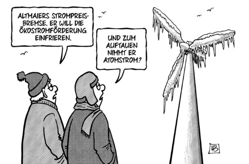 Cartoon: Strompreisbremse (medium) by Harm Bengen tagged altmaier,umweltminister,strompreisbremse,ökostromförderung,alternative,energien,windenergie,solarenergie,einfrieren,auftauen,abtauen,eis,eiszapfen,winter,strom,energiewende,atomstrom,harm,bengen,cartoon,karikatur