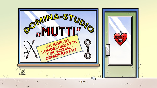 Cartoon: Studio Mutti (medium) by Harm Bengen tagged spd,cdu,wähler,koalitionsverhandlungen,regierung,domina,studio,mutti,sadomaso,stimme,sonderrabatte,sozialdemokraten,harm,bengen,cartoon,karikatur,spd,cdu,wähler,koalitionsverhandlungen,regierung,domina,studio,mutti,sadomaso,stimme,sonderrabatte,sozialdemokraten,harm,bengen,cartoon,karikatur