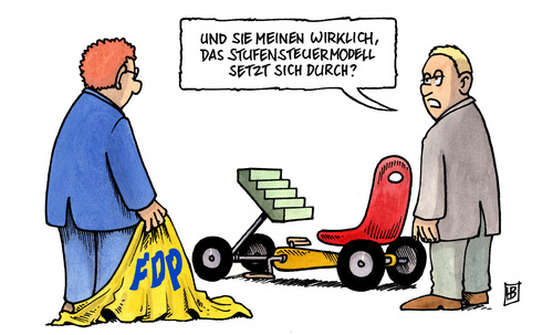 Cartoon: Stufensteuermodell (medium) by Harm Bengen tagged stufensteuermodell,steuer,modell,stufen,fdp,abspecken,abgespeckt,entlastung,koalition,koalitionsvertrag,westerwelle,solms,pinkwart,kettcar,tretauto,spielzeug,umfallen