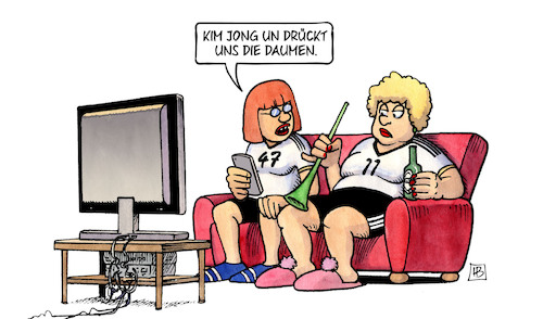 Cartoon: Südkorea vs. Deutschland (medium) by Harm Bengen tagged südkorea,deutschland,nordkorea,kim,jong,un,handy,frauen,fussball,wm,tv,fans,harm,bengen,cartoon,karikatur,südkorea,deutschland,nordkorea,kim,jong,un,handy,frauen,fussball,wm,tv,fans,harm,bengen,cartoon,karikatur