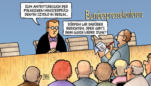 Cartoon: Szydlo-Besuch (medium) by Harm Bengen tagged antrittsbesuch,polnische,ministerpräsidentin,szydlo,berlin,bundesregierung,merkel,presse,mediengesetz,kritik,bundespressekonferenz,harm,bengen,cartoon,karikatur,antrittsbesuch,polnische,ministerpräsidentin,szydlo,berlin,bundesregierung,merkel,presse,mediengesetz,kritik,bundespressekonferenz,harm,bengen,cartoon,karikatur