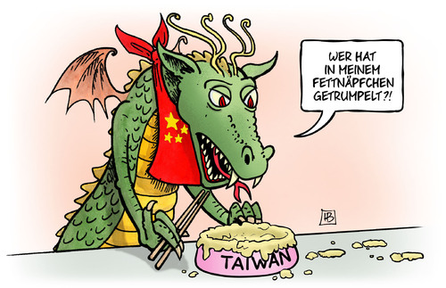 Cartoon: Taiwan-Fettnapf (medium) by Harm Bengen tagged taiwan,fettnapf,trump,aussenpolitik,china,drache,harm,bengen,cartoon,karikatur,taiwan,fettnapf,trump,aussenpolitik,china,drache,harm,bengen,cartoon,karikatur