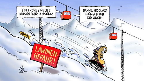 Cartoon: Talfahrt 2012 (medium) by Harm Bengen tagged euro,eurokrise,euroschuldenkrise,krise,wirtschaft,rezession,abschwung,europa,deutschland,frankreich,merkel,sarkozy,treffen,gipfel,schlitten,schnee,berge,abfahrt,talfahrt,skilift,lift,kabine,euro,eurokrise,euroschuldenkrise,krise,wirtschaft,rezession,abschwung,frankreich,sarkozy,europa