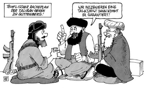 Cartoon: Talkshow (medium) by Harm Bengen tagged talkshow,tankwagenbombardement,tankwagen,bomben,bombadieren,afghanistan,bundeswehr,nato,isaf,taliban,guttenberg,opfer,verteidigungsminister,untersuchungsausschuß,beckmann,illner,sicherheit,terrorismus