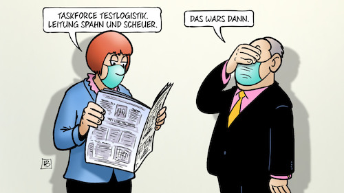 Cartoon: Taskforce Testlogistik (medium) by Harm Bengen tagged taskforce,testlogistik,budesregierung,corona,masken,augen,zeitung,lesen,leitung,spahn,scheuer,versagen,verzweiflung,harm,bengen,cartoon,karikatur,taskforce,testlogistik,budesregierung,corona,masken,augen,zeitung,lesen,leitung,spahn,scheuer,versagen,verzweiflung,harm,bengen,cartoon,karikatur