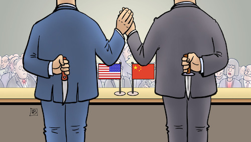 Cartoon: Teilabkommen USA-China (medium) by Harm Bengen tagged teilabkommen,usa,china,handelskrieg,zoll,strafzölle,messer,pressekonferenz,harm,bengen,cartoon,karikatur,teilabkommen,usa,china,handelskrieg,zoll,strafzölle,messer,pressekonferenz,harm,bengen,cartoon,karikatur