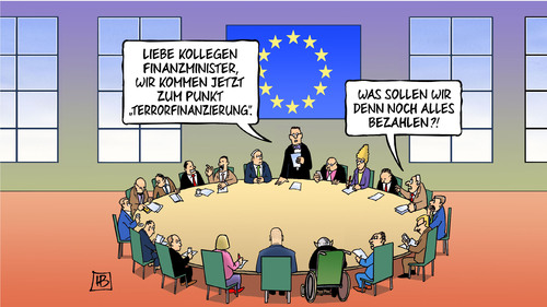 Cartoon: Terrorfinanzierung (medium) by Harm Bengen tagged finanzminister,eu,europa,terrorfinanzierung,is,syrien,islamischer,staat,krieg,terror,harm,bengen,cartoon,karikatur,finanzminister,eu,europa,terrorfinanzierung,is,syrien,islamischer,staat,krieg,terror,harm,bengen,cartoon,karikatur