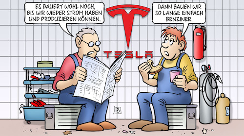 Cartoon: Tesla-Produktion (medium) by Harm Bengen tagged tesla,produktion,strom,benziner,gruenheide,anschlag,arbeiter,fabrik,werk,harm,bengen,cartoon,karikatur,tesla,produktion,strom,benziner,gruenheide,anschlag,arbeiter,fabrik,werk,harm,bengen,cartoon,karikatur