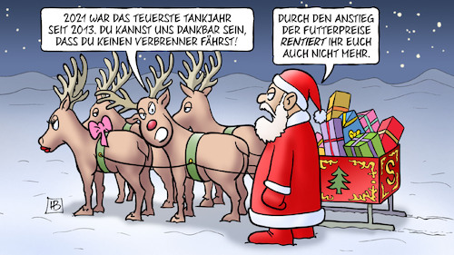 Cartoon: Teuerstes Tankjahr (medium) by Harm Bengen tagged 2021,teuerste,tankjahr,verbrenner,schlitten,rentiere,weihnachtsmann,weihnachten,anstieg,futterpreise,rentieren,harm,bengen,cartoon,karikatur,2021,teuerste,tankjahr,verbrenner,schlitten,rentiere,weihnachtsmann,weihnachten,anstieg,futterpreise,rentieren,harm,bengen,cartoon,karikatur