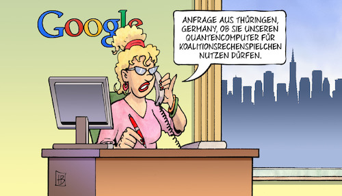 Cartoon: Thüringen-Spiele (medium) by Harm Bengen tagged anfrage,thüringen,germany,landtagswahl,google,quantencomputer,koalitionsrechenspielchen,koalitionen,parteien,sekretärin,telefon,silicon,valley,harm,bengen,cartoon,karikatur,anfrage,thüringen,germany,landtagswahl,google,quantencomputer,koalitionsrechenspielchen,koalitionen,parteien,sekretärin,telefon,silicon,valley,harm,bengen,cartoon,karikatur