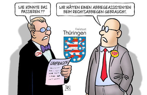 Cartoon: Thüringen-Umfragen (medium) by Harm Bengen tagged umfragen,abbiegeassistenten,rechtsabbiegen,afd,cdu,fdp,thüringen,ministerpräsident,kemmerich,mohring,lindner,akk,kramp,karrenbauer,harm,bengen,cartoon,karikatur,umfragen,abbiegeassistenten,rechtsabbiegen,afd,cdu,fdp,thüringen,ministerpräsident,kemmerich,mohring,lindner,akk,kramp,karrenbauer,harm,bengen,cartoon,karikatur