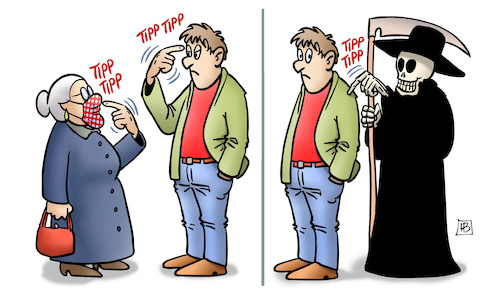 Cartoon: Tipp Tipp (medium) by Harm Bengen tagged tipp,corona,tod,susemil,masken,coronaleugner,maskenverweigerer,maskenmuffel,vogel,zeigen,harm,bengen,cartoon,karikatur,tipp,corona,tod,susemil,masken,coronaleugner,maskenverweigerer,maskenmuffel,vogel,zeigen,harm,bengen,cartoon,karikatur