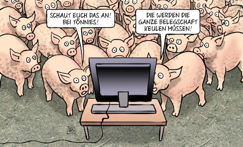 Cartoon: Tönnies (medium) by Harm Bengen tagged fleischverarbeitung,fleischkonzern,tönnies,ausbeutung,werksvertraege,schweine,stall,tv,belegschaft,keulen,krank,corona,covid19,virus,pandemie,harm,bengen,cartoon,karikatur,fleischverarbeitung,fleischkonzern,tönnies,ausbeutung,werksvertraege,schweine,stall,tv,belegschaft,keulen,krank,corona,covid19,virus,pandemie,harm,bengen,cartoon,karikatur