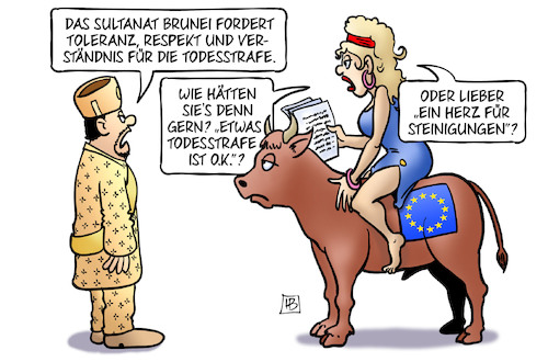 Cartoon: Toleranz für Todesstrafe (medium) by Harm Bengen tagged sultanat,brunei,toleranz,respekt,verständnis,todesstrafe,steinigungen,scharia,islam,europa,stier,homosexuelle,harm,bengen,cartoon,karikatur,sultanat,brunei,toleranz,respekt,verständnis,todesstrafe,steinigungen,scharia,islam,europa,stier,homosexuelle,harm,bengen,cartoon,karikatur