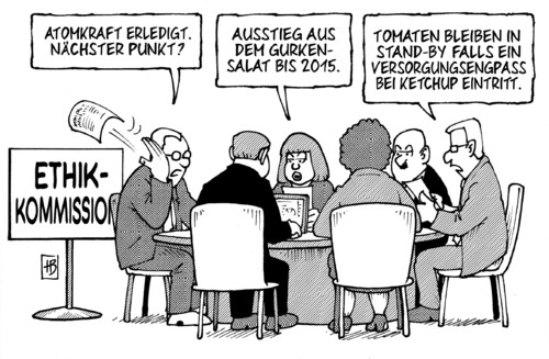 Cartoon: Tomaten auf Stand-By (medium) by Harm Bengen tagged ethik,ethikkommission,kommission,akw,atomkraft,kernkraft,sitzung,ehec,gurken,gurkensalat,tomaten,standby,ketchup,ausstieg