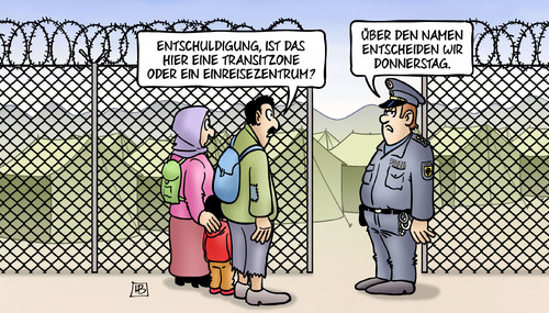 Cartoon: Transit oder Einreise - Version2 (medium) by Harm Bengen tagged transitzone,einreisezentrum,namen,donnerstag,lager,spd,cdu,csu,groko,polizei,bundespolizei,flüchtlinge,flucht,grenze,asyl,harm,bengen,cartoon,karikatur,transitzone,einreisezentrum,namen,donnerstag,lager,spd,cdu,csu,groko,polizei,bundespolizei,flüchtlinge,flucht,grenze,asyl,harm,bengen,cartoon,karikatur