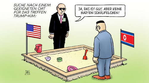 Cartoon: Treffen Trump-Kim (medium) by Harm Bengen tagged ort,suche,treffen,trump,kim,usa,nordkorea,sandkasten,schäufelchen,spielzeug,harm,bengen,cartoon,karikatur,ort,suche,treffen,trump,kim,usa,nordkorea,sandkasten,schäufelchen,spielzeug,harm,bengen,cartoon,karikatur