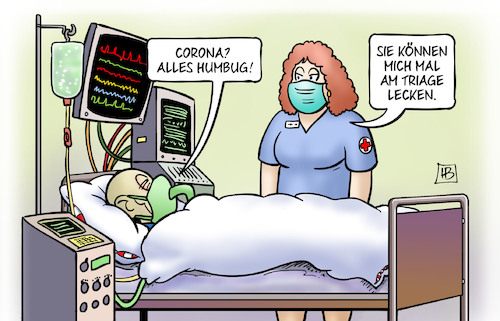 Cartoon: Triage (medium) by Harm Bengen tagged corona,humbug,triage,tod,arsch,lecken,krankenschwester,krankenhaus,querdenken,krank,harm,bengen,cartoon,karikatur,corona,humbug,triage,tod,arsch,lecken,krankenschwester,krankenhaus,querdenken,krank,harm,bengen,cartoon,karikatur