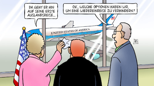 Cartoon: Trump-Auslandsreise (medium) by Harm Bengen tagged erste,auslandsreise,optionen,wiedereinreise,verhindern,präsident,trump,usa,air,force,one,flugzeug,harm,bengen,cartoon,karikatur,erste,auslandsreise,optionen,wiedereinreise,verhindern,präsident,trump,usa,air,force,one,flugzeug,harm,bengen,cartoon,karikatur