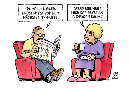 Cartoon: Trump-Drogentest (medium) by Harm Bengen tagged trump,drogentest,clinton,tv,duell,wahlkampf,usa,präsidentschaft,christoph,daum,fussball,trainer,kokain,harm,bengen,cartoon,karikatur,trump,drogentest,clinton,tv,duell,wahlkampf,usa,präsidentschaft,christoph,daum,fussball,trainer,kokain,harm,bengen,cartoon,karikatur