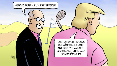 Cartoon: Trump-Freispruch (medium) by Harm Bengen tagged glückwunsch,freispruch,impeachment,usa,senat,5th,avenue,erschiessen,trump,golfplatz,harm,bengen,cartoon,karikatur,glückwunsch,freispruch,impeachment,usa,senat,5th,avenue,erschiessen,trump,golfplatz,harm,bengen,cartoon,karikatur