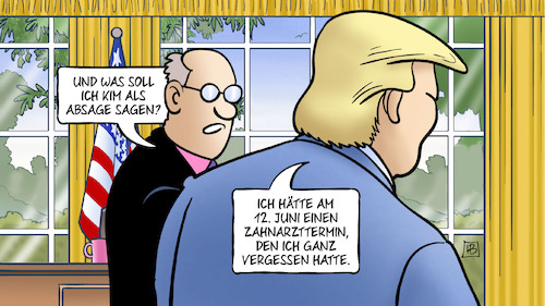 Cartoon: Trump-Kim-Absage (medium) by Harm Bengen tagged kim,absage,trump,usa,nordkorea,treffen,zahnarzttermin,harm,bengen,cartoon,karikatur,kim,absage,trump,usa,nordkorea,treffen,zahnarzttermin,harm,bengen,cartoon,karikatur