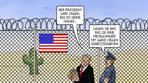 Cartoon: Trump-Zaun (medium) by Harm Bengen tagged präsident,trump,mauer,zaun,metallmauer,schiessscharten,grenze,mexiko,usa,harm,bengen,cartoon,karikatur,präsident,trump,mauer,zaun,metallmauer,schiessscharten,grenze,mexiko,usa,harm,bengen,cartoon,karikatur