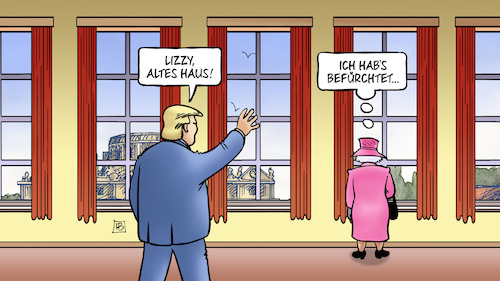 Cartoon: Trump bei der Queen (medium) by Harm Bengen tagged lizzy,elitsabeth,queen,trump,gb,uk,usa,besuch,beleidigung,harm,bengen,cartoon,karikatur,lizzy,elitsabeth,queen,trump,gb,uk,usa,besuch,beleidigung,harm,bengen,cartoon,karikatur