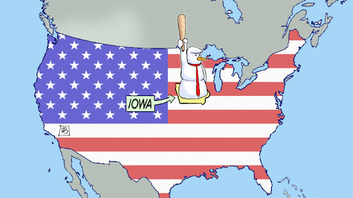Cartoon: Trump in Iowa (medium) by Harm Bengen tagged iowa,trump,schneemann,keule,landkarte,usa,karte,vorwahlen,republikaner,harm,bengen,cartoon,karikatur,iowa,trump,schneemann,keule,landkarte,usa,karte,vorwahlen,republikaner,harm,bengen,cartoon,karikatur