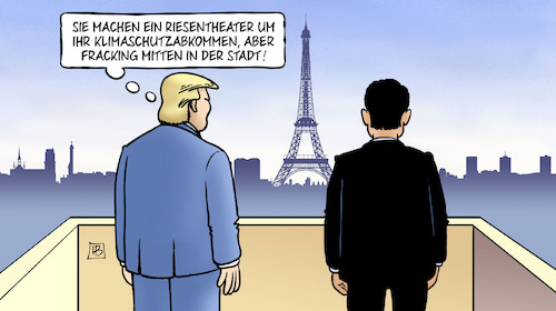 Cartoon: Trump in Paris (medium) by Harm Bengen tagged trump,macron,frankreich,eifelturm,paris,riesentheater,klimaschutzabkommen,fracking,stadt,harm,bengen,cartoon,karikatur,trump,macron,frankreich,eifelturm,paris,riesentheater,klimaschutzabkommen,fracking,stadt,harm,bengen,cartoon,karikatur