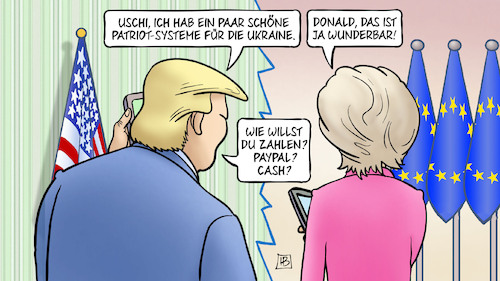 Cartoon: Trump liefert Patriots (medium) by Harm Bengen tagged uschi,von,der,leyen,vdl,trump,eu,usa,patriot,systeme,ukraine,krieg,luftabwehr,telefon,kosten,zahlen,bezahlung,rechnung,paypal,cash,harm,bengen,cartoon,karikatur,uschi,von,der,leyen,vdl,trump,eu,usa,patriot,systeme,ukraine,krieg,luftabwehr,telefon,kosten,zahlen,bezahlung,rechnung,paypal,cash,harm,bengen,cartoon,karikatur
