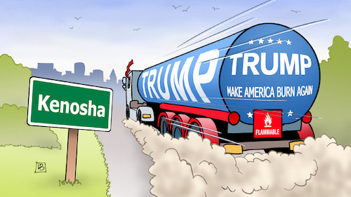 Cartoon: Trump nach Kenosha (medium) by Harm Bengen tagged trump,tankwagen,wahlkampf,unruhen,kenosha,feuer,rassismus,polizeigewalt,harm,bengen,cartoon,karikatur,trump,tankwagen,wahlkampf,unruhen,kenosha,feuer,rassismus,polizeigewalt,harm,bengen,cartoon,karikatur