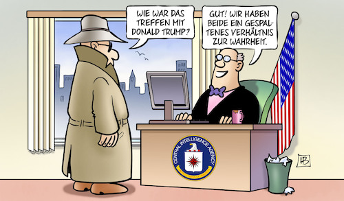 Cartoon: Trump und Geheimdienste (medium) by Harm Bengen tagged treffen,donald,trump,geheimdienste,gespaltenes,verhaeltnis,wahrheit,russland,hacker,internet,cia,harm,bengen,cartoon,karikatur,treffen,donald,trump,geheimdienste,gespaltenes,verhaeltnis,wahrheit,russland,hacker,internet,cia,harm,bengen,cartoon,karikatur