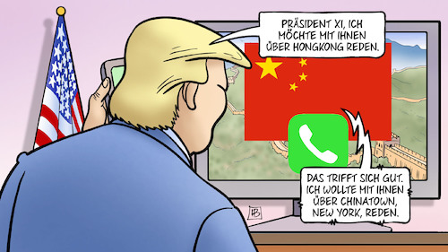Cartoon: Trump und Hongkong (medium) by Harm Bengen tagged trump,usa,china,präsident,xi,hongkong,telefon,handy,chinatown,new,york,tv,harm,bengen,cartoon,karikatur,trump,usa,china,präsident,xi,hongkong,telefon,handy,chinatown,new,york,tv,harm,bengen,cartoon,karikatur