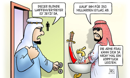 Cartoon: Trump und Saudis (medium) by Harm Bengen tagged blonde,waffenvertreter,trump,präsident,usa,saudis,saudi,arabien,staatsbesuch,350,milliarden,frau,melania,kopftuch,harm,bengen,cartoon,karikatur,blonde,waffenvertreter,trump,präsident,usa,saudis,saudi,arabien,staatsbesuch,350,milliarden,frau,melania,kopftuch,harm,bengen,cartoon,karikatur