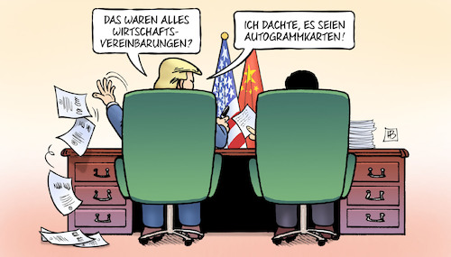 Cartoon: Trump und Wirtschaftsvereinbarun (medium) by Harm Bengen tagged wirtschaftsvereinbarungen,handelsabkommen,autogrammkarten,xi,trump,china,usa,staatsbesuch,harm,bengen,cartoon,karikatur,wirtschaftsvereinbarungen,handelsabkommen,autogrammkarten,xi,trump,china,usa,staatsbesuch,harm,bengen,cartoon,karikatur