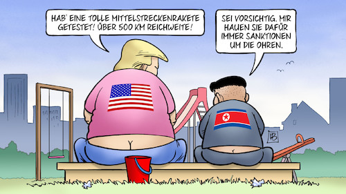 Cartoon: Trumps Mittelstreckenrakete (medium) by Harm Bengen tagged reichweite,kim,nordkorea,sandkasten,sanktionen,mittelstreckenraketentest,trump,usa,inf,vertrag,kündigen,abrüstung,russland,harm,bengen,cartoon,karikatur,reichweite,kim,nordkorea,sandkasten,sanktionen,mittelstreckenraketentest,trump,usa,inf,vertrag,kündigen,abrüstung,russland,harm,bengen,cartoon,karikatur