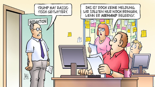 Cartoon: Trumps rassistische Tweets (medium) by Harm Bengen tagged trump,rassistisch,rassismus,getwittert,meldung,redaktion,beleidigen,redakteure,harm,bengen,cartoon,karikatur,trump,rassistisch,rassismus,getwittert,meldung,redaktion,beleidigen,redakteure,harm,bengen,cartoon,karikatur