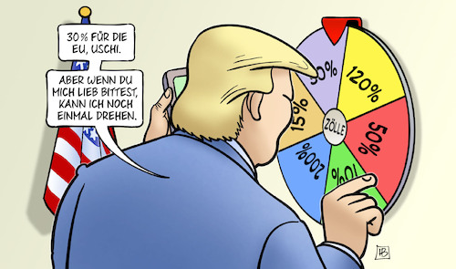 Cartoon: Trumps Zollrad (medium) by Harm Bengen tagged 30,prozent,eu,uschi,von,der,leyen,vdl,trump,zollrad,zölle,glücksrad,drehen,telefonieren,handy,harm,bengen,cartoon,karikatur,30,prozent,eu,uschi,von,der,leyen,vdl,trump,zollrad,zölle,glücksrad,drehen,telefonieren,handy,harm,bengen,cartoon,karikatur