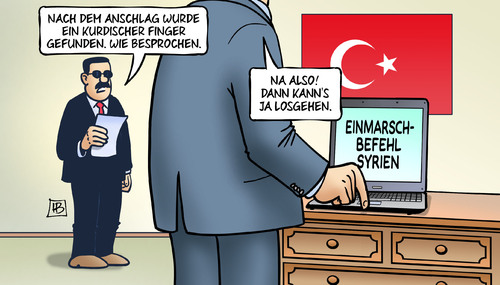 Cartoon: Türkei-Syrien (medium) by Harm Bengen tagged türkei,erdogan,syrien,anschlag,kurden,finger,bombe,komplott,vorwand,einmarsch,befehl,harm,bengen,cartoon,karikatur,türkei,erdogan,syrien,anschlag,kurden,finger,bombe,komplott,vorwand,einmarsch,befehl,harm,bengen,cartoon,karikatur
